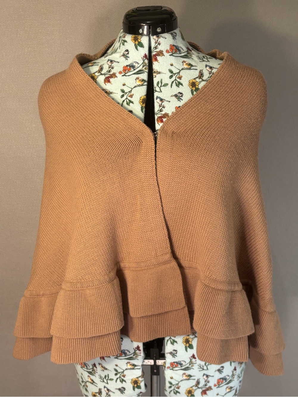 Anthropologie Odille Camel Ruffle-Trim Knit Poncho